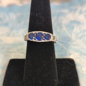 Art Deco Style Created Sapphire Sterling Silver Ring